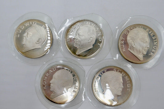 5x 925 Silbermedaillen " Bundeskanzler der Bundesrepublik " mit Unterschrift PP - Antikhandel-Stuttgart