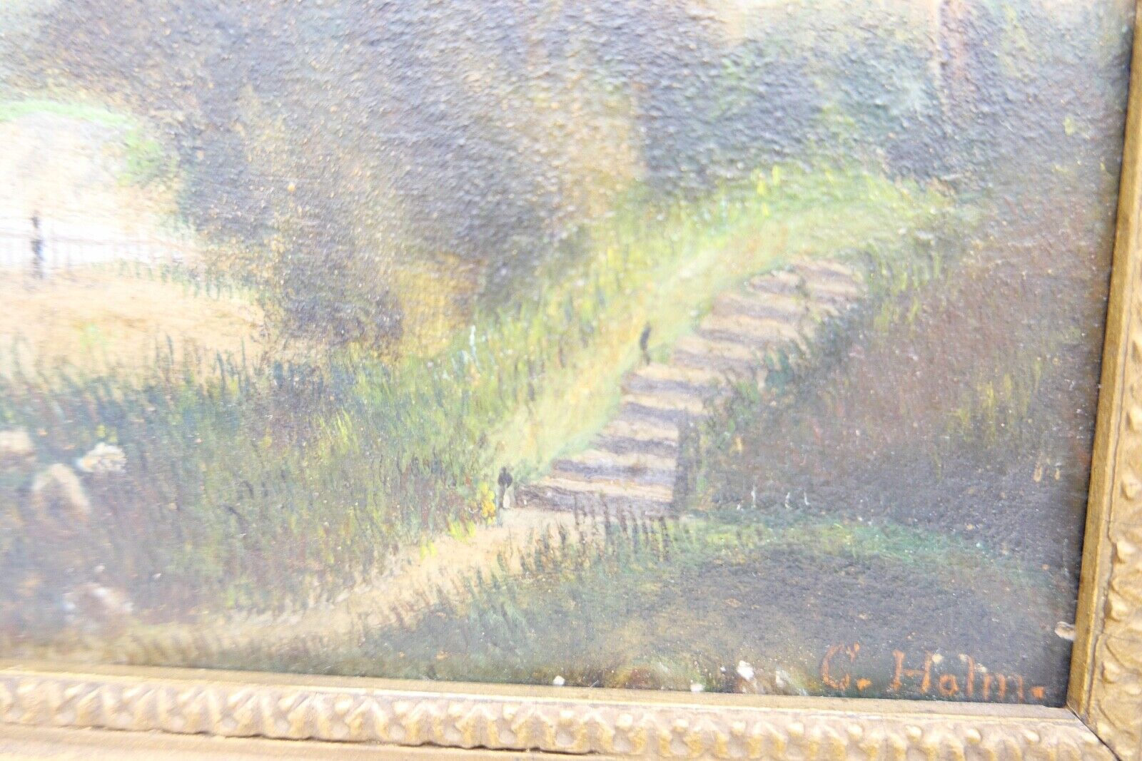 kleines Ölgemälde Öl auf Holz sig. C. Halm Landschaft Dünen Hafen very. Dänemark - Antikhandel-Stuttgart