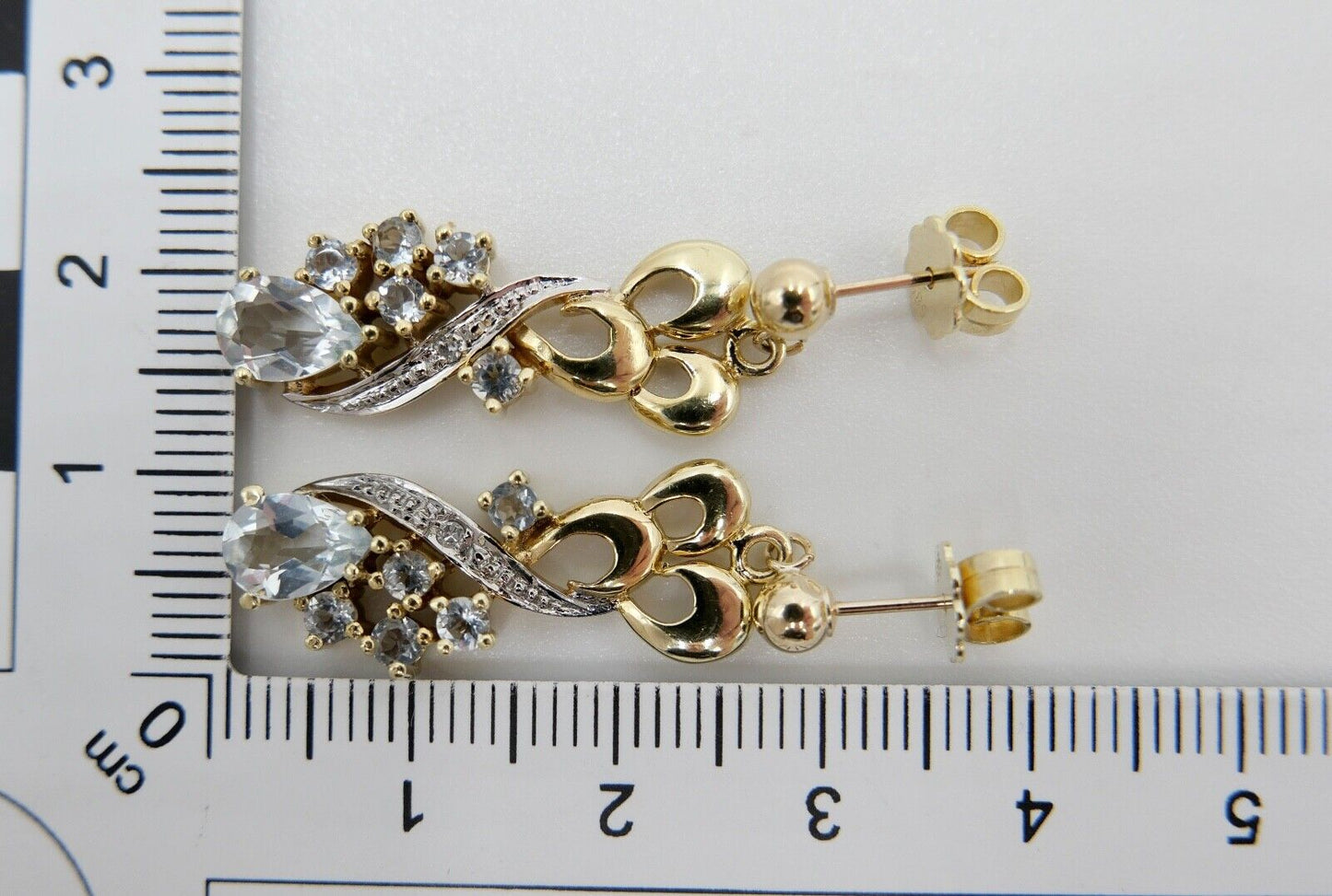 80er Jahre Ohrringe Ohrhänger GOLD 585 / 14K mit Aquamarin und Quarz - Antikhandel-Stuttgart