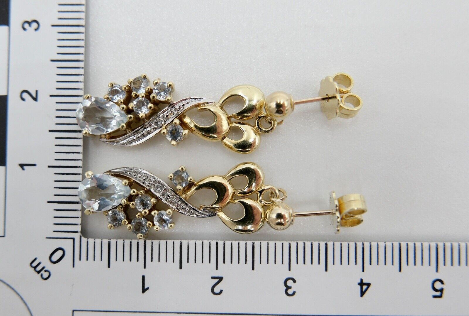 80er Jahre Ohrringe Ohrhänger GOLD 585 / 14K mit Aquamarin und Quarz - Antikhandel-Stuttgart