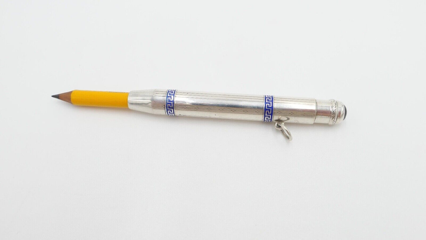 Bleistifthalter Silber 830 mit blauem Mäandermuster blauem Stein im Jugendstil - Antikhandel-Stuttgart