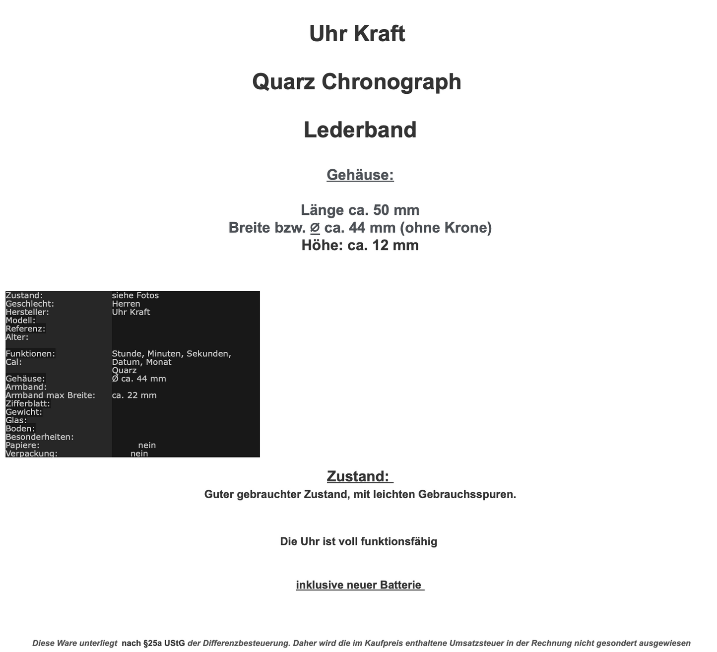Uhr Kraft Quarz Chronograph Lederband Herrenuhr - Antikhandel-Stuttgart