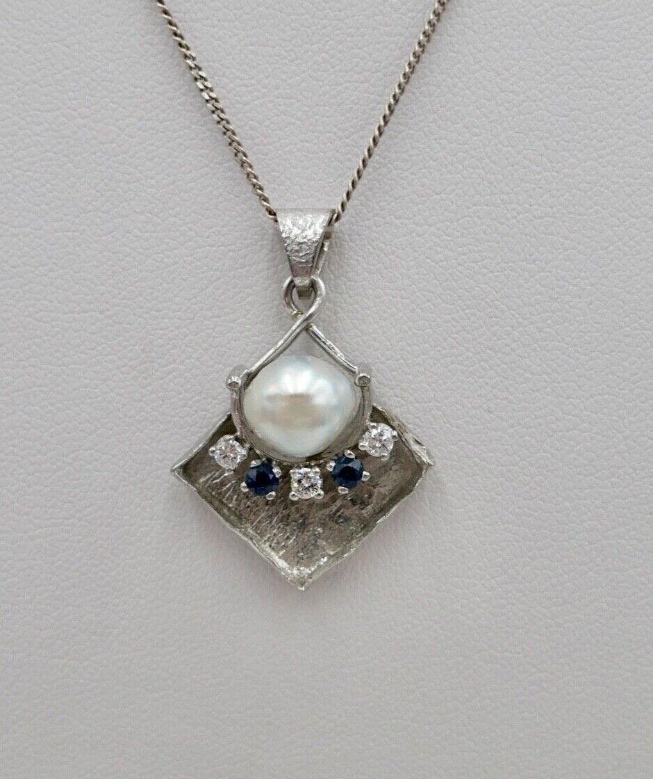 Perle Brillant Saphir Damen Anhänger 585 14K Weißgold aus den 1970er Jahren - Antikhandel-Stuttgart