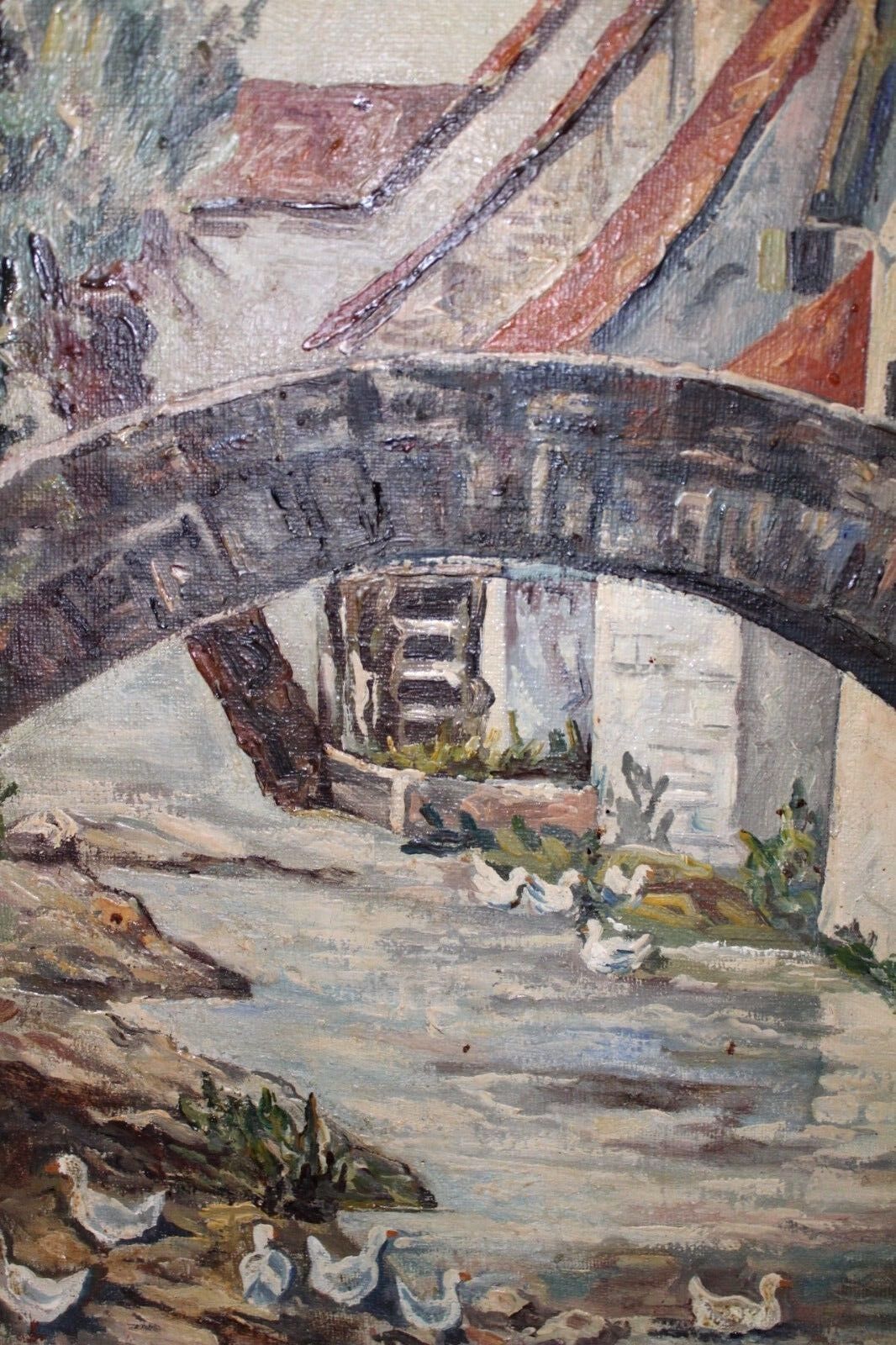 Großes Ölgemälde oil painting Dorf Bach Enten Brücke Wasser - Antikhandel-Stuttgart