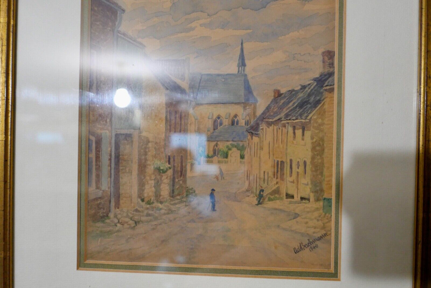 Aquarell signiert BACHMANN 1946 38x33 cm Bild Rahmen DORF - Antikhandel-Stuttgart