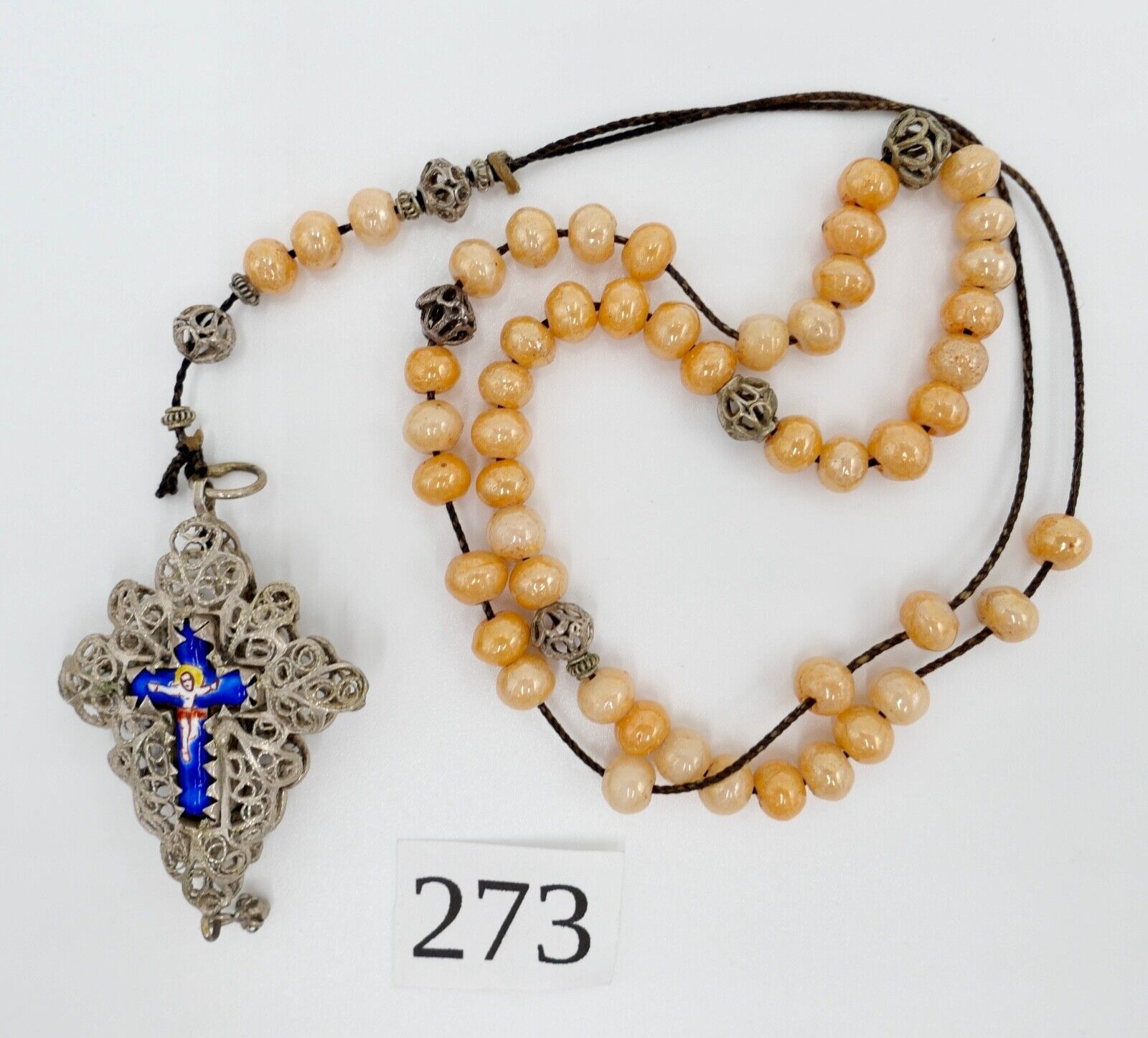 Antiker Filigraner Rosenkranz / Gebetskette Emaile Email Kreuz Silber um 1870 - Antikhandel-Stuttgart