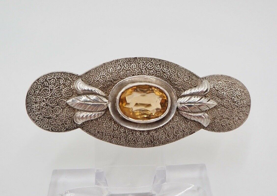 50er Jahre florale Silber 835 große Brosche 66 mm Schmuckstein orange Glasstein - Antikhandel-Stuttgart