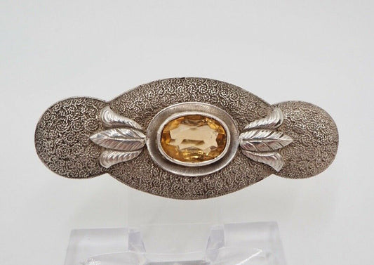 50er Jahre florale Silber 835 große Brosche 66 mm Schmuckstein orange Glasstein - Antikhandel-Stuttgart