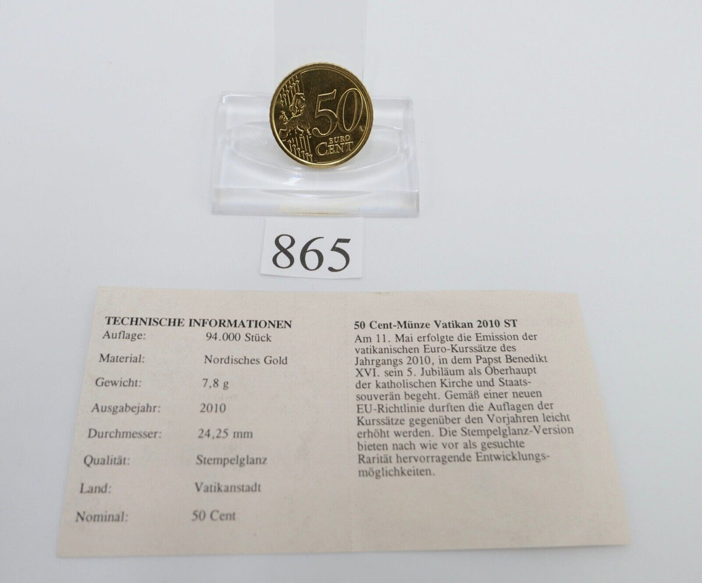 Vatikan 50 Euro Cent 2010 R sehr schön in Kapsel - Antikhandel-Stuttgart