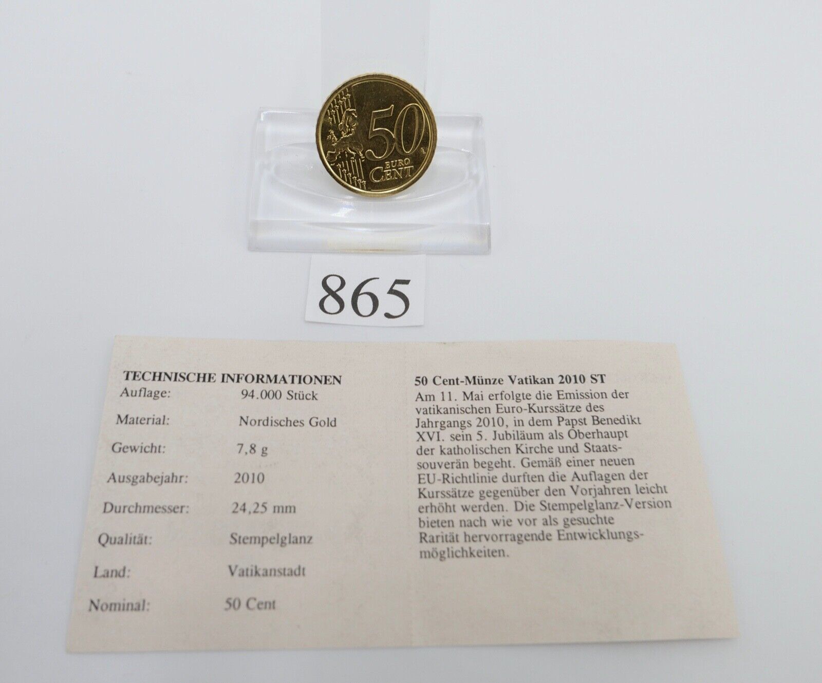 Vatikan 50 Euro Cent 2010 R sehr schön in Kapsel - Antikhandel-Stuttgart