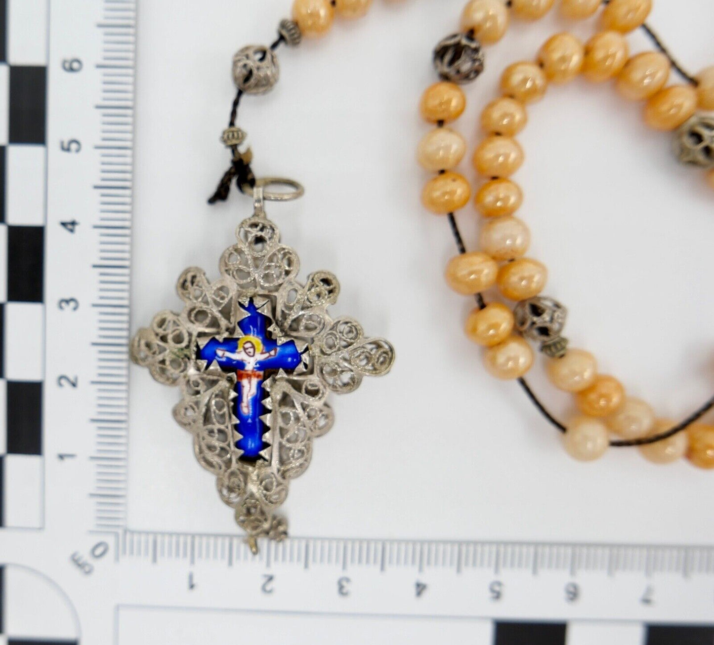 Antiker Filigraner Rosenkranz / Gebetskette Emaile Email Kreuz Silber um 1870 - Antikhandel-Stuttgart