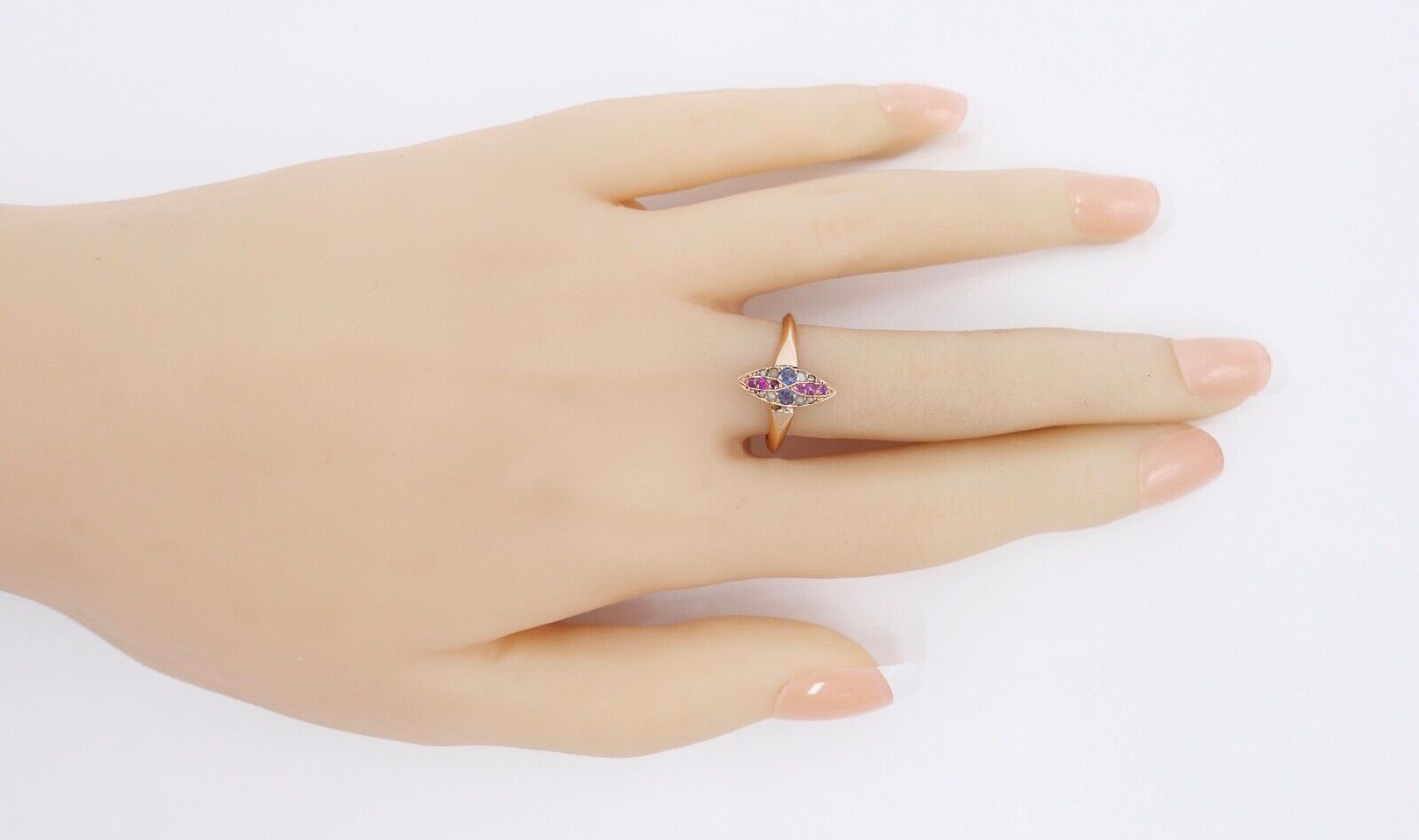 Antiker Damen Rotgold Ring 585 / 14K Gr. 53 Navette Saatperle Rubin syn. Spinell - Antikhandel-Stuttgart