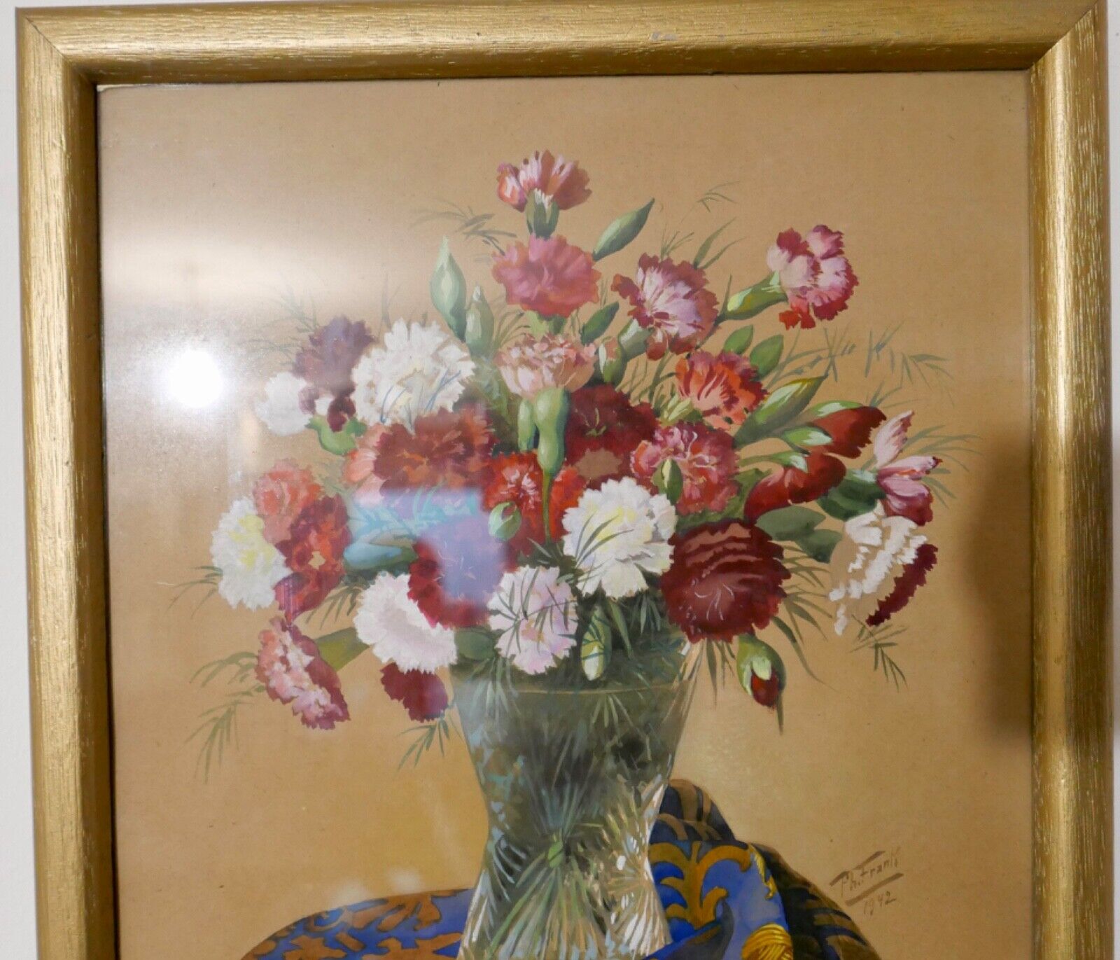 Gemälde Ph. Frank 1942 Stillleben BLUMEN Vase 37x33 cm LANDAU signiert - Antikhandel-Stuttgart