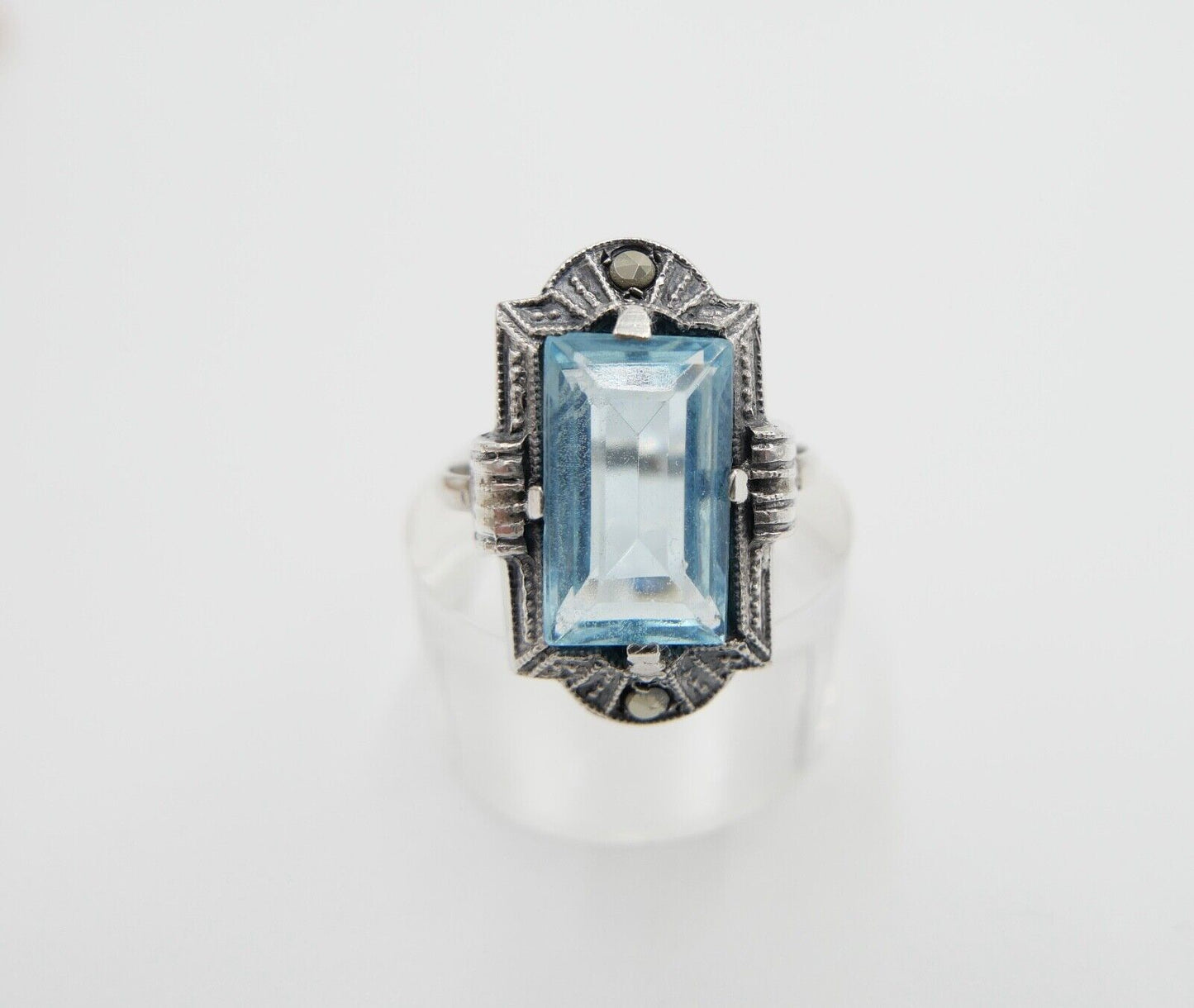 ART DECO Damenring Ring Silber 830 Gr. 53 mit Markasit blauer Glasstein - Antikhandel-Stuttgart