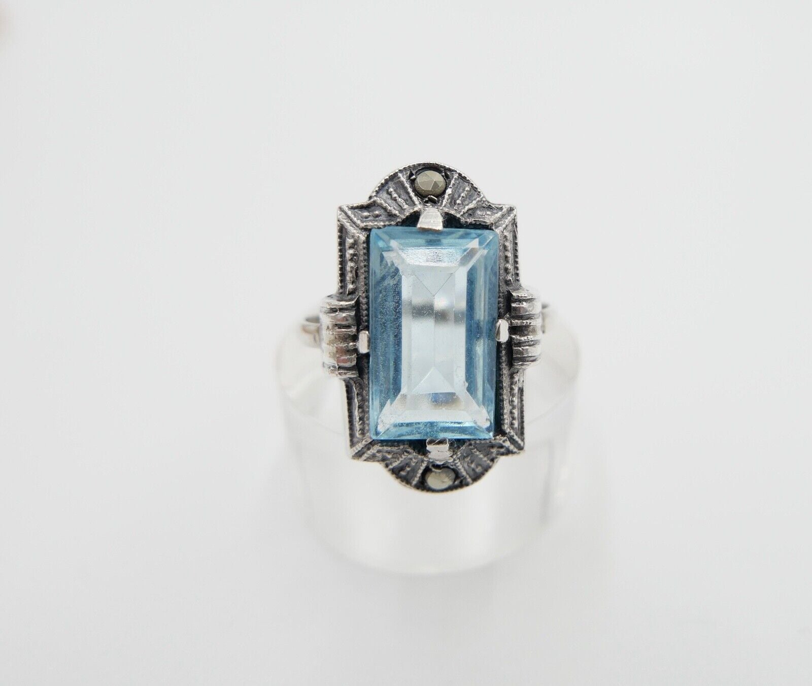 ART DECO Damenring Ring Silber 830 Gr. 53 mit Markasit blauer Glasstein - Antikhandel-Stuttgart