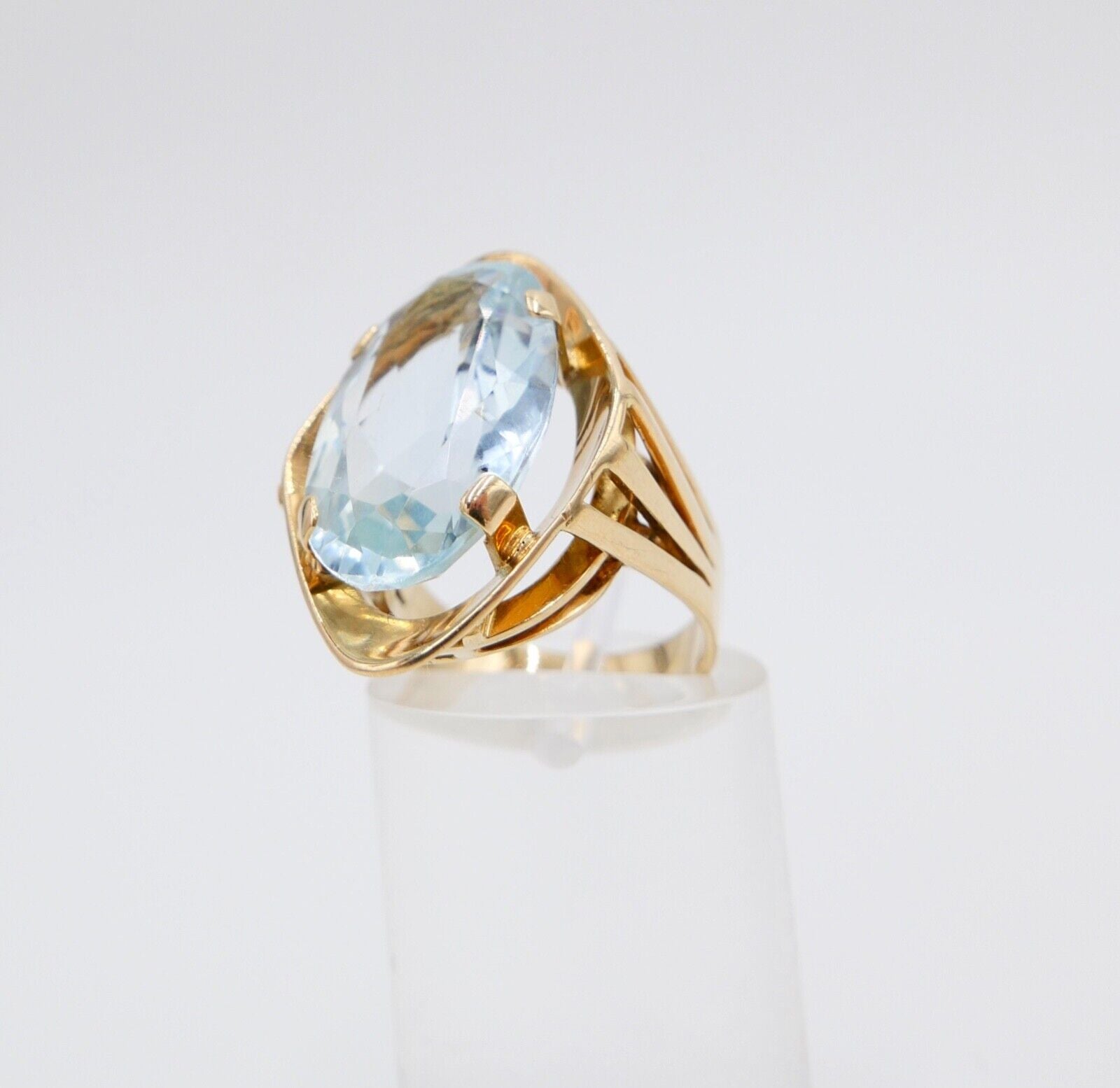 19,2 Ct Gelb Gold Damen Ring Navette Form Gr. 56 - 57 XXL blauer Stein 585 14K - Antikhandel-Stuttgart