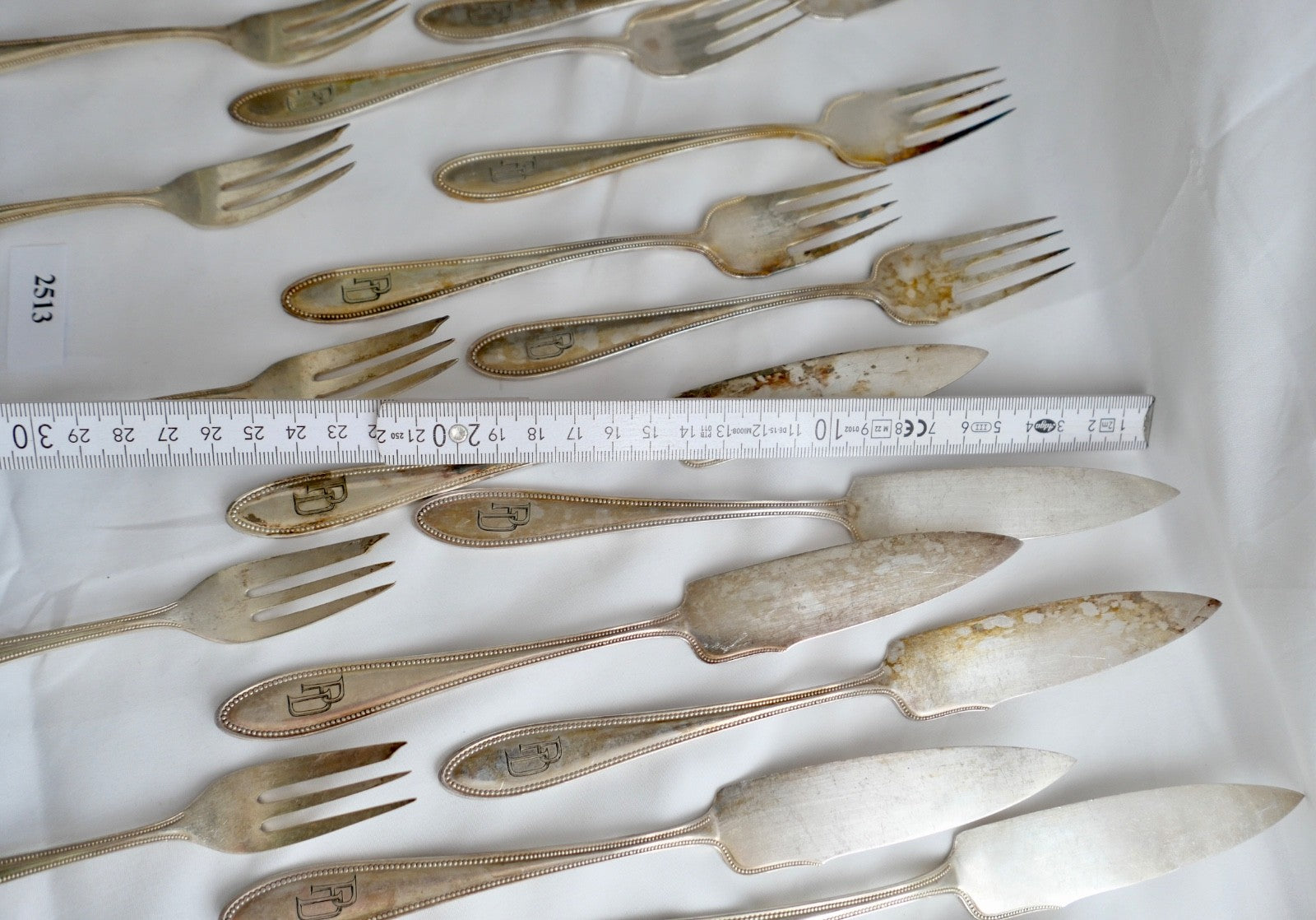 WMF G Perlrand 36 tlg. versilbert I/O Monogram PD um 1910 Straußen Fischbesteck