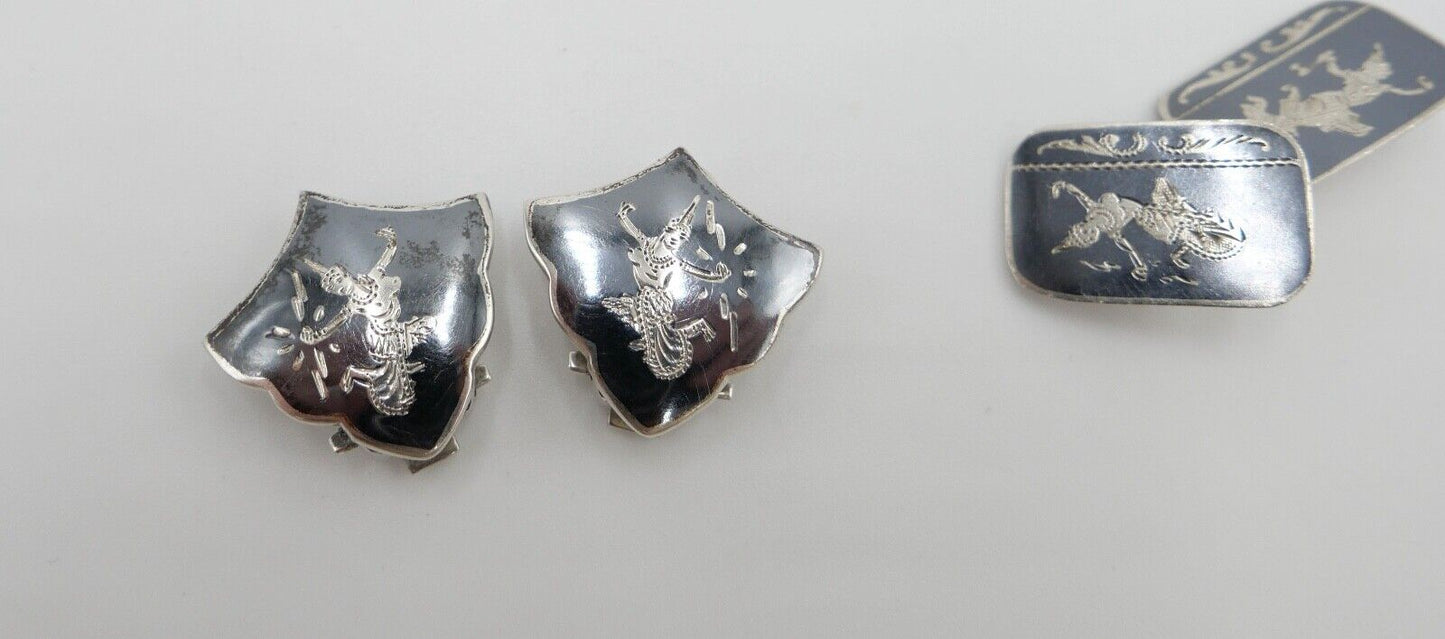 30er 40er Vintage Siam Sterling Silber Dunkelblau Grau Emaille Ohrclips - Antikhandel-Stuttgart