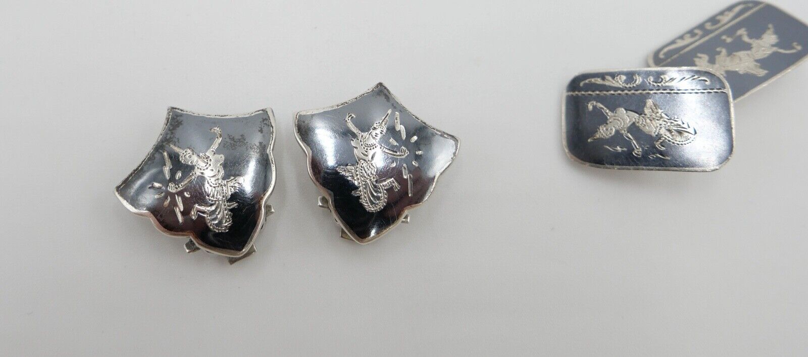 30er 40er Vintage Siam Sterling Silber Dunkelblau Grau Emaille Ohrclips - Antikhandel-Stuttgart