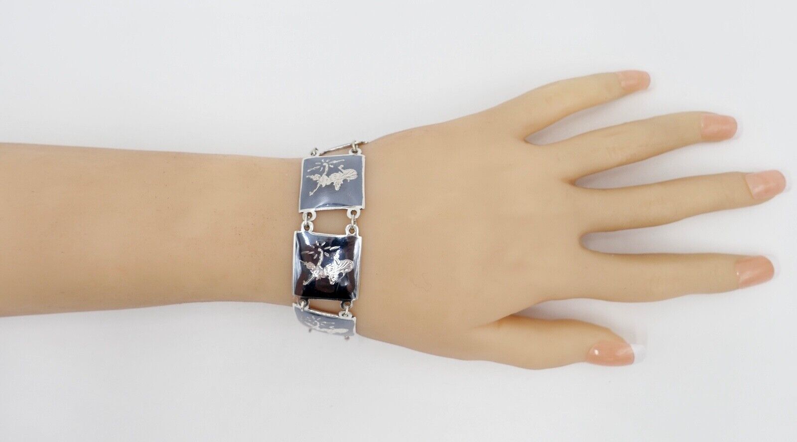 Siam Sterling Silber Glieder Armband Emaille Motiv Göttin 19cm - Antikhandel-Stuttgart