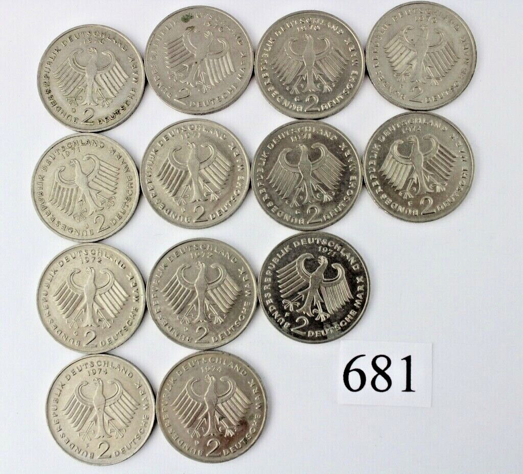 13x 2 DM Mark Theodor Heuss 1970 - 1974 Jäger J. 407 - Antikhandel-Stuttgart