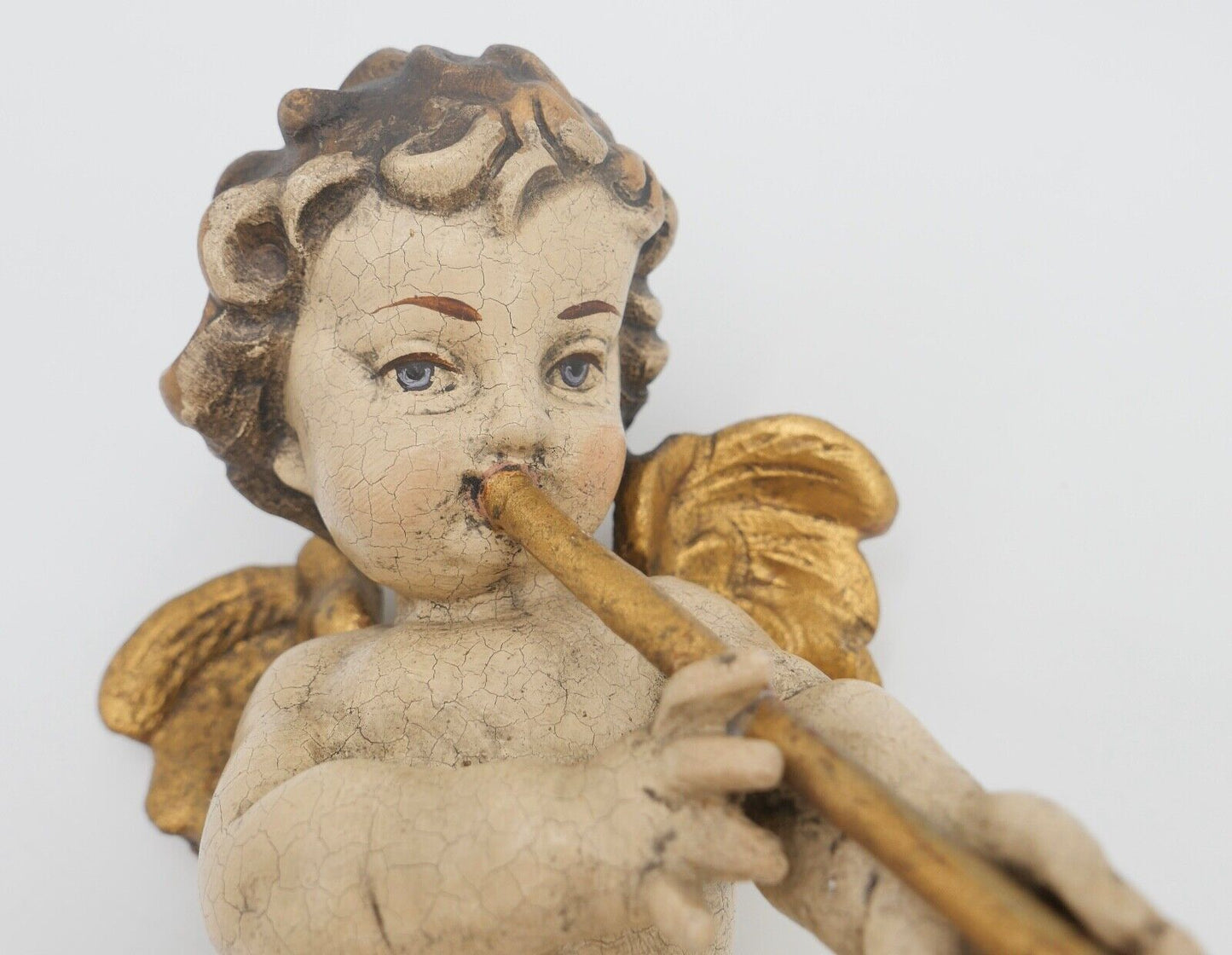 2x musizierende Putti / Putto Holzschnitzerei Engel farbig Holz Holzengel - Antikhandel-Stuttgart