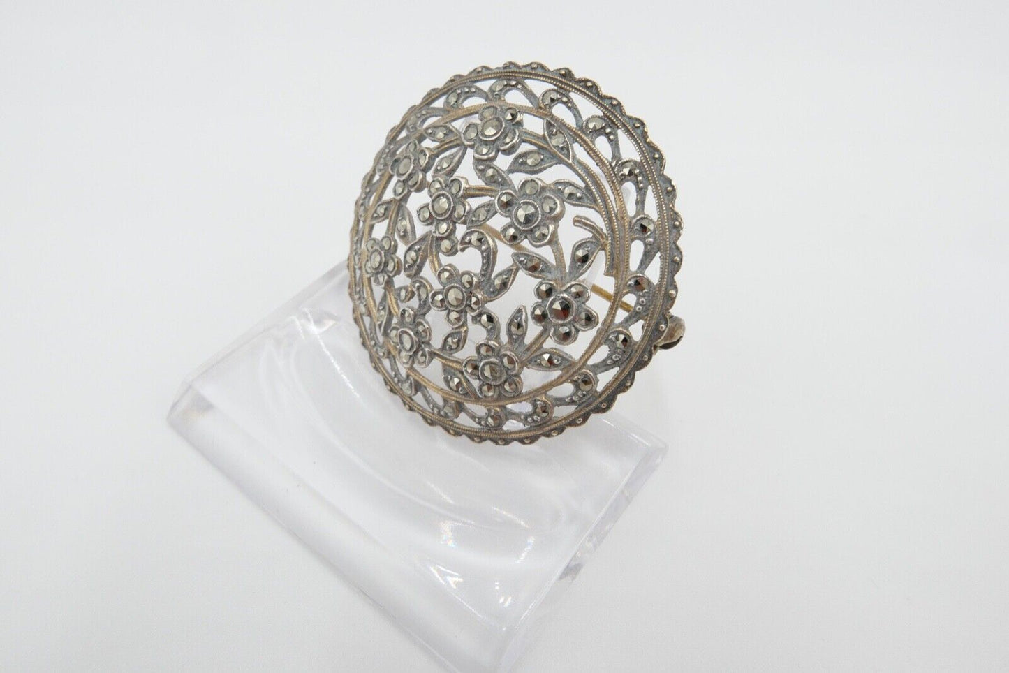 Jugendstil Brosche floral 835 Silber vergoldet mit Markasiten Ø 40 mm - Antikhandel-Stuttgart