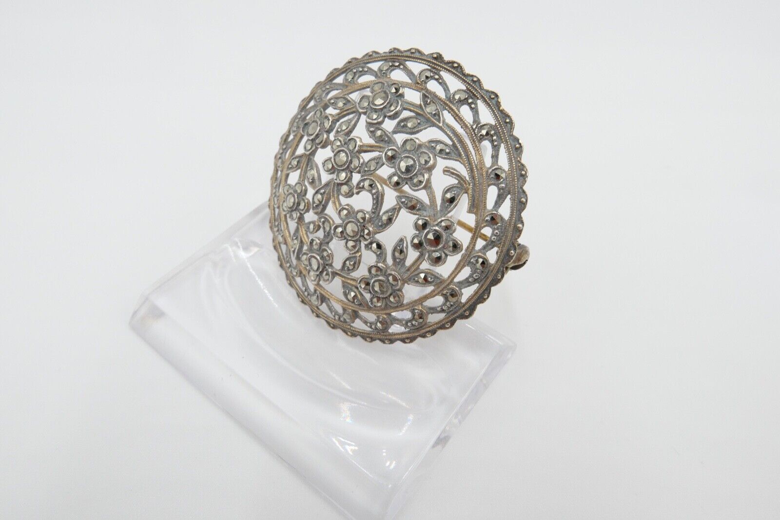 Jugendstil Brosche floral 835 Silber vergoldet mit Markasiten Ø 40 mm - Antikhandel-Stuttgart