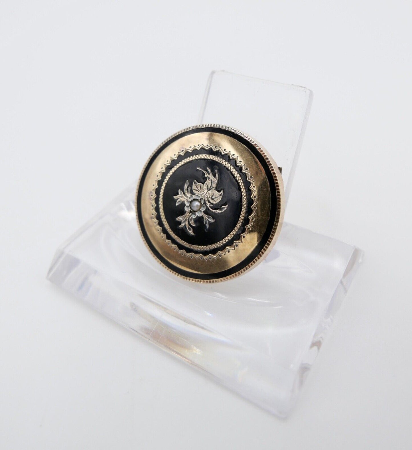 BIEDERMEIER um 1860 antike florale Brosche Schaumgold Saatperle ONYX - Antikhandel-Stuttgart