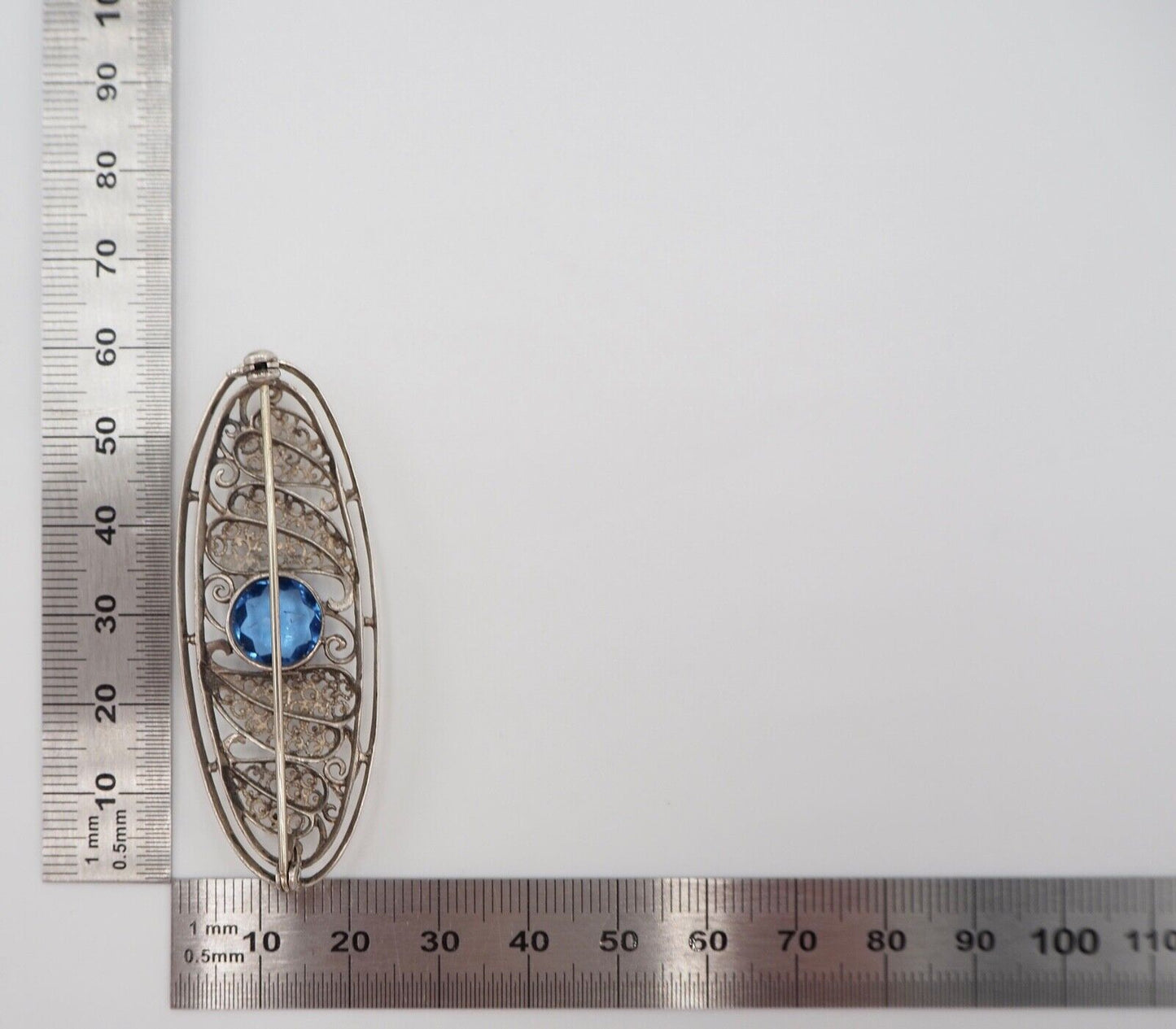 alte 50er Jahre Silber 835 filigran floral Brosche 57mm oval Schmuckstein blau - Antikhandel-Stuttgart