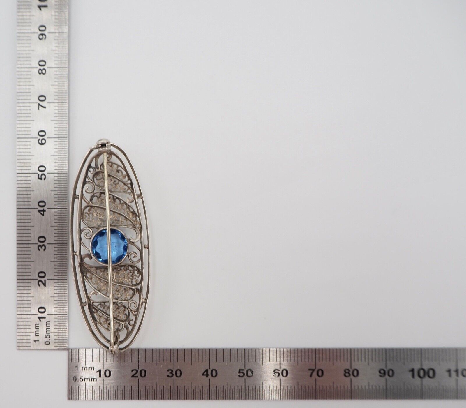 alte 50er Jahre Silber 835 filigran floral Brosche 57mm oval Schmuckstein blau - Antikhandel-Stuttgart