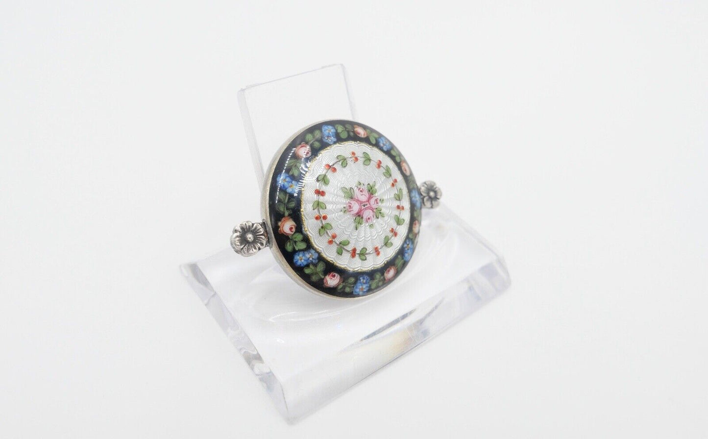 60er Jahre florale Silber Brosche 41 x 30 mm mit Emaille Blumen Rosen - Antikhandel-Stuttgart