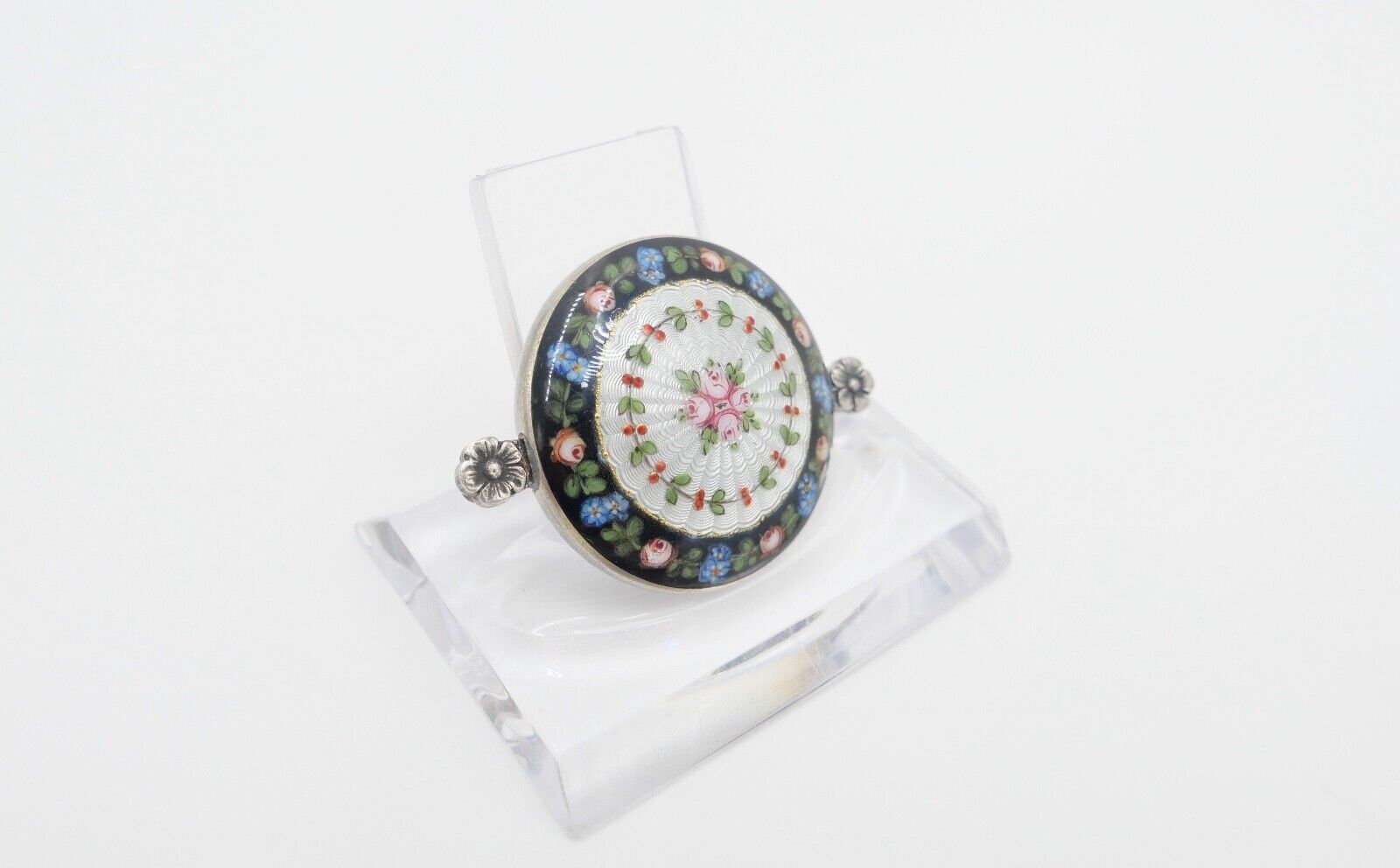 60er Jahre florale Silber Brosche 41 x 30 mm mit Emaille Blumen Rosen - Antikhandel-Stuttgart