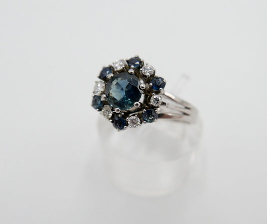 1970er Jahre Ring Weißgold 750 /18K Brillanten & Saphire 1,39 Ct Gr. 60 - Antikhandel-Stuttgart