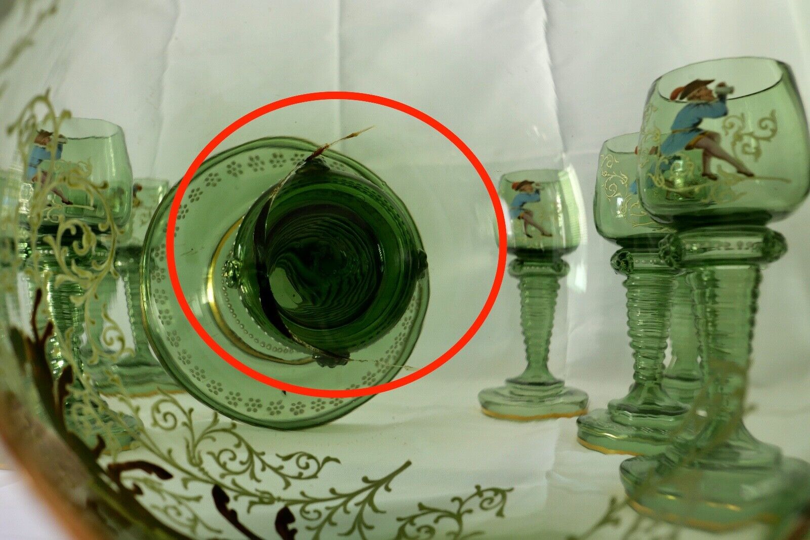 Antike Weinrömer Gläser Pokal XXL Bowle Set grün Emaille RAR Goldrand 53cm 1900 - Antikhandel-Stuttgart