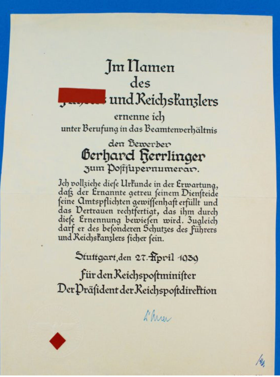 Beförderung zum Supernumerar Reichspost Stuttgart 1939 - Antikhandel-Stuttgart