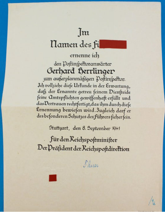 Beförderung zum Postinspektor Reichspost 1941 Stuttgart - Antikhandel-Stuttgart