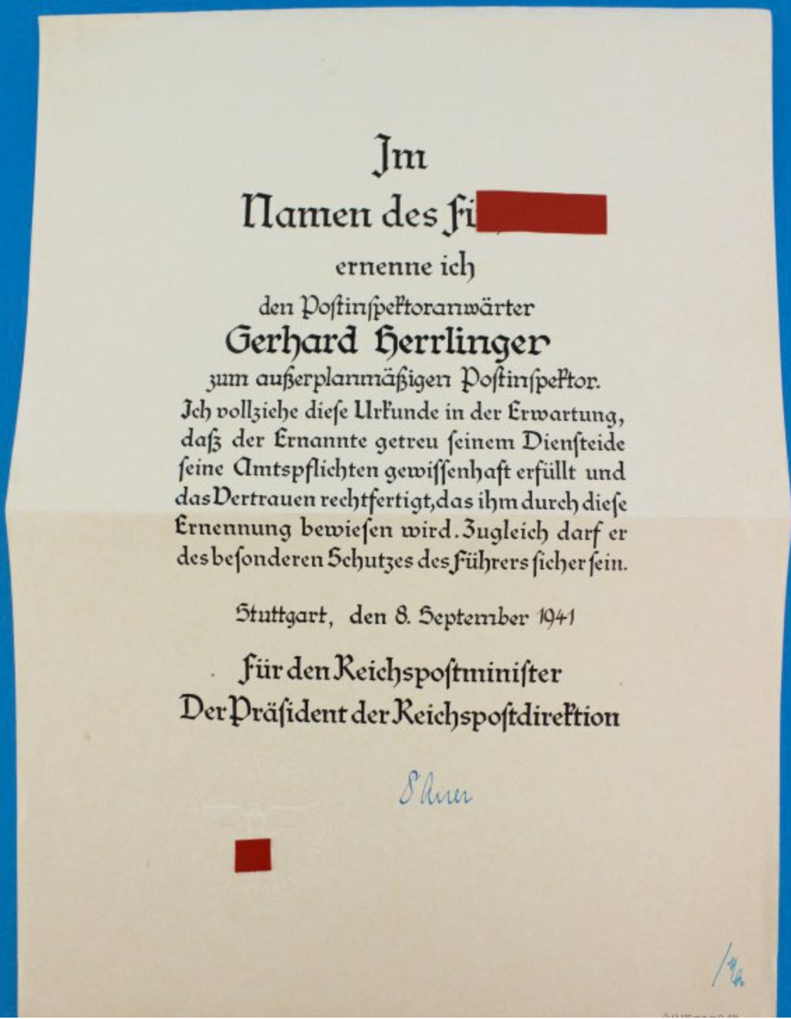 Beförderung zum Postinspektor Reichspost 1941 Stuttgart - Antikhandel-Stuttgart