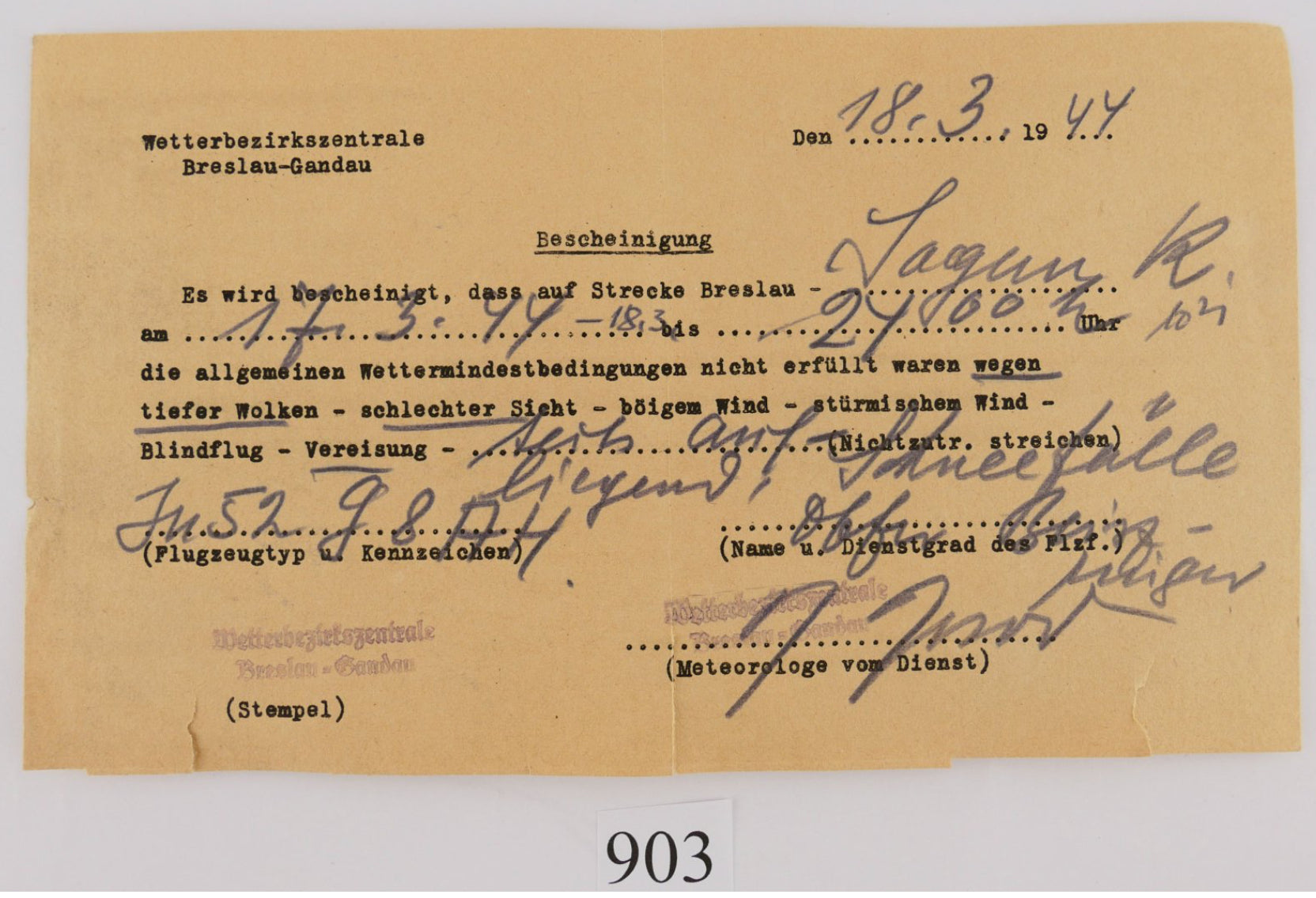 Wetterbericht Wetterbezirkszentrale Breslau Gandau 1944 - Antikhandel-Stuttgart