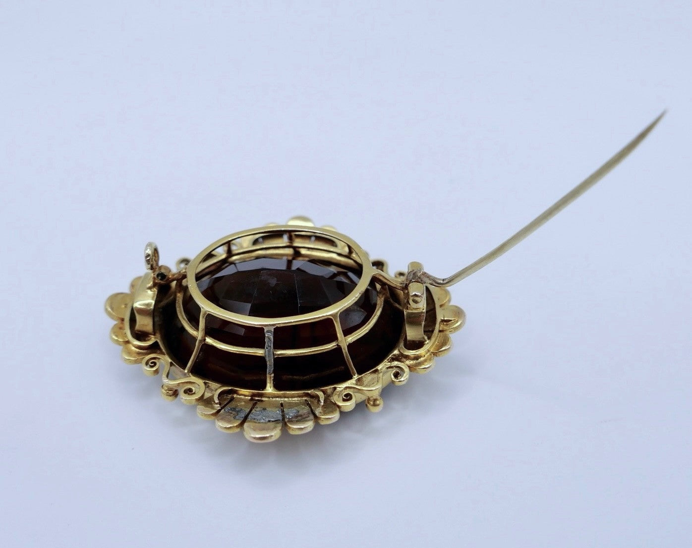 Große antike Brosche Gelbgold 585 14K Rauchquarz Saatperlen viktorianisch 40 ct