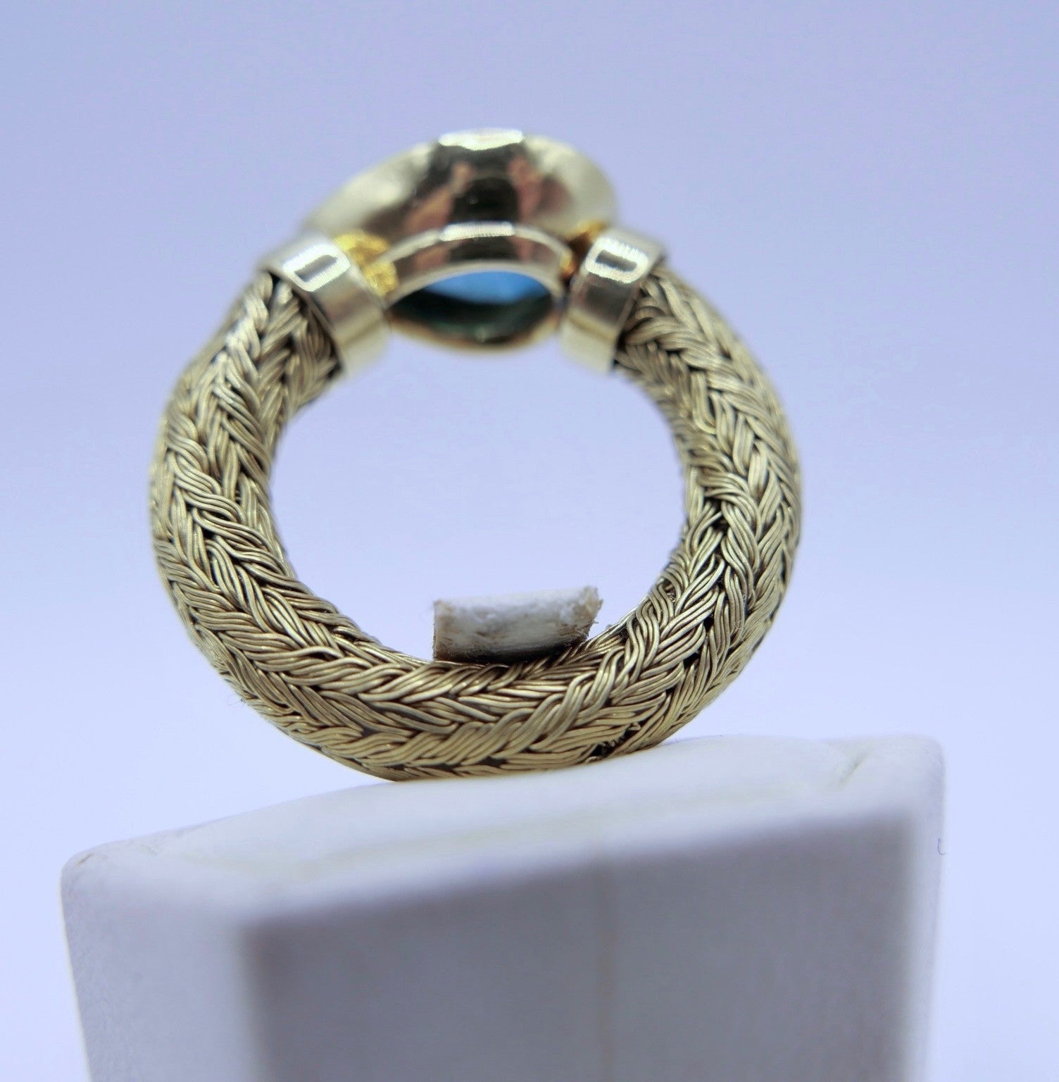 Unikat Goldring 750er Tropfen Turmalin Indikolith Blau Grün Zopfmuster 3,5 Ct