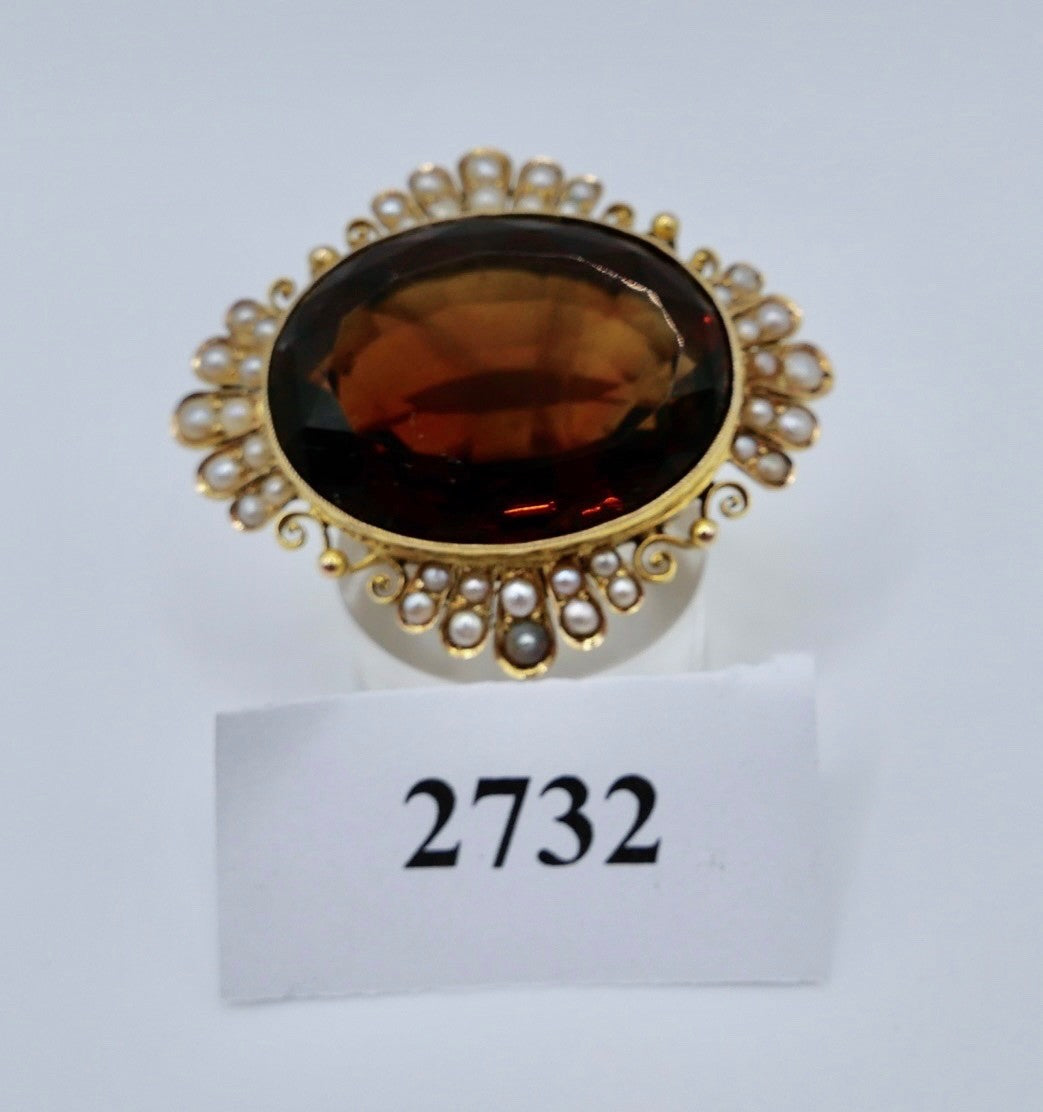 Große antike Brosche Gelbgold 585 14K Rauchquarz Saatperlen viktorianisch 40 ct