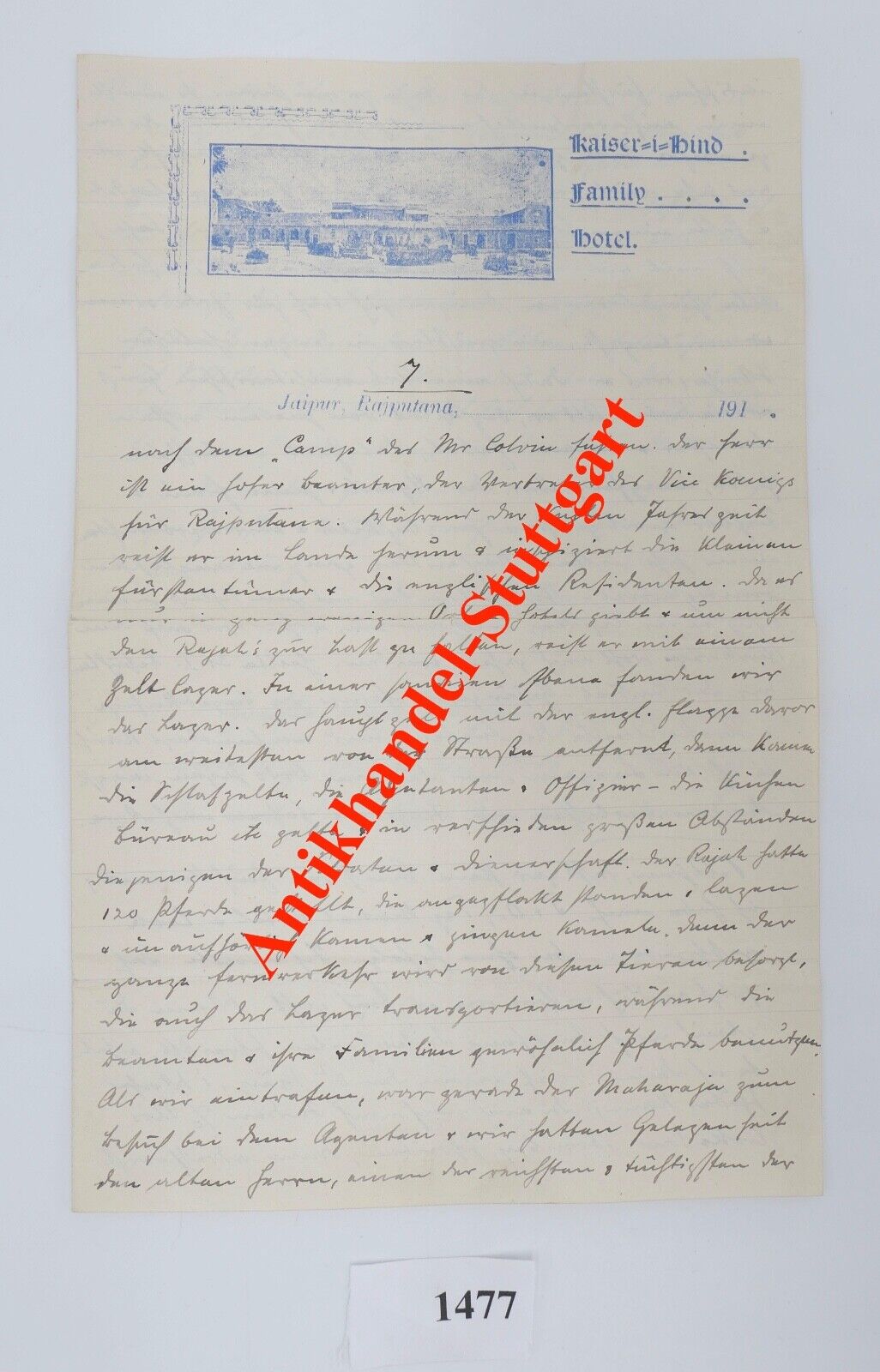 Alte Brief Telegramm Bericht KAISER BIND FAMILY HOTEL JAIPUR RAJASTHAN um 1910