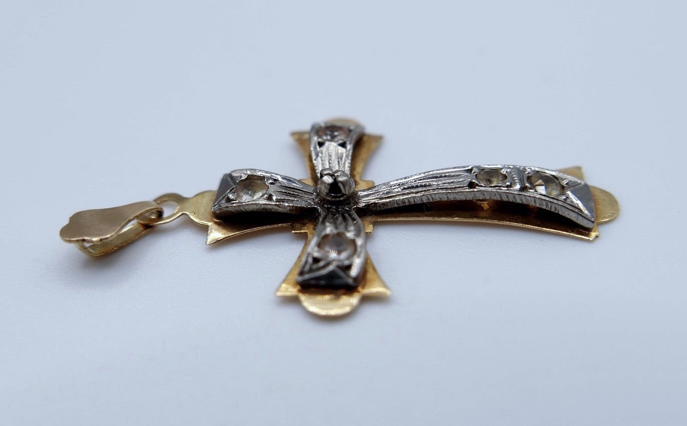 Antiker Kreuz Anhänger 585 Gold Gelbgold  / Weißgold Glassteine 14K