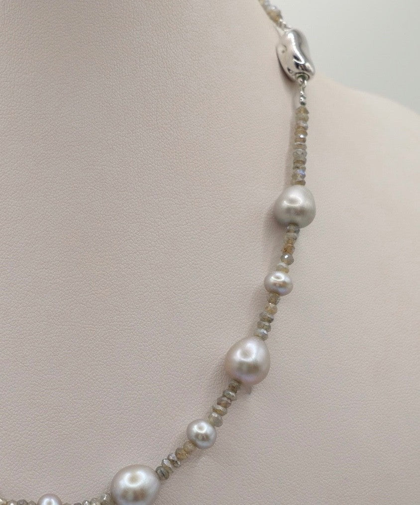 Elegante Labradorit Perlenkette Silber Collier Grau Barockperlen S.S.V. BOTTOM