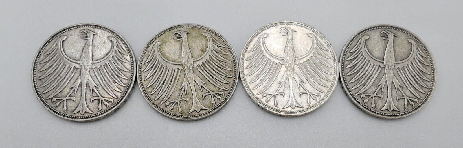 4x 5 DM 1951 J.387 Silbermünzen Silberadler Heiermann Komplettsatz D F G J