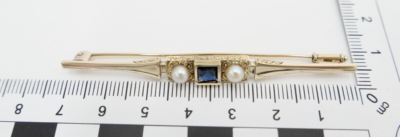 Antike JUGENDSTIL Brosche 70 mm Saphir / Perle 585 14K 0,60 Ct  Kissen