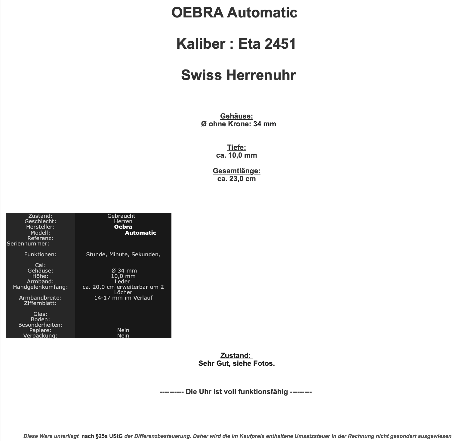 OEBRA Eta 2451 Automatic Ø 34 mm Swiss Herrenuhr  sehr guter Zustand