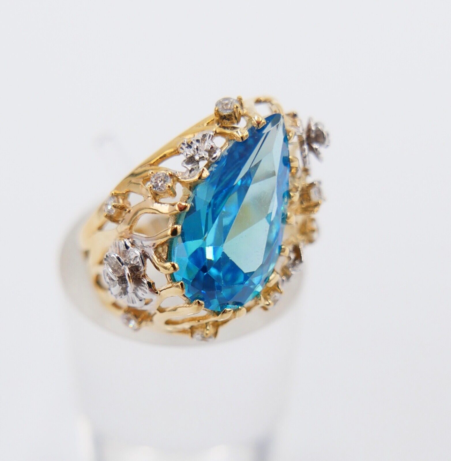 Gelbgold Ring mit Blautopas & Zirkonia 585 14K Gr. 55 im Tropfen Schliff  5,0 Ct