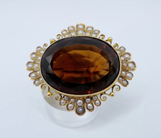 Große antike Brosche Gelbgold 585 14K Rauchquarz Saatperlen viktorianisch 40 ct